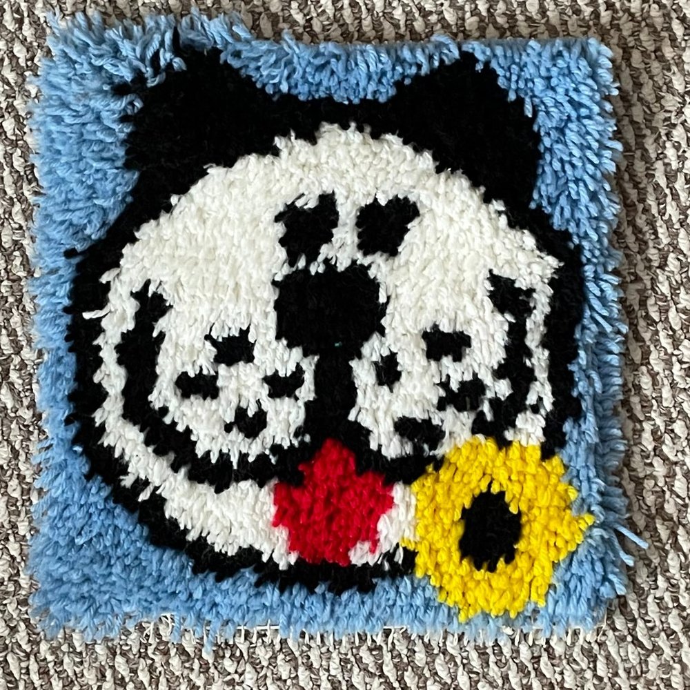 Vintage Handmade Latch Hook Yarn Rug Dog Puppy 13" x 13" Art EUC